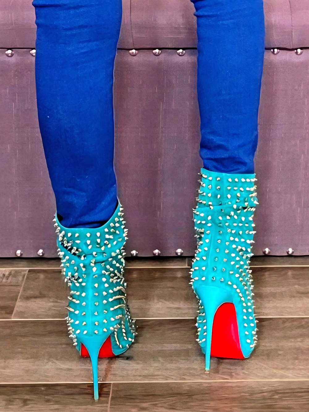 Christian Louboutin Aqua Suede Silver Spiked Open Toe Ankle Boots Size 38 US 7-9 - Picture 3 of 14